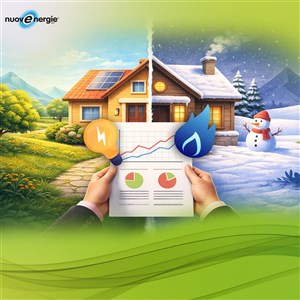 disegno di una bolletta e di una casa in stagioni diverse per rappresentare come cambiano i consumi nelle stagioni