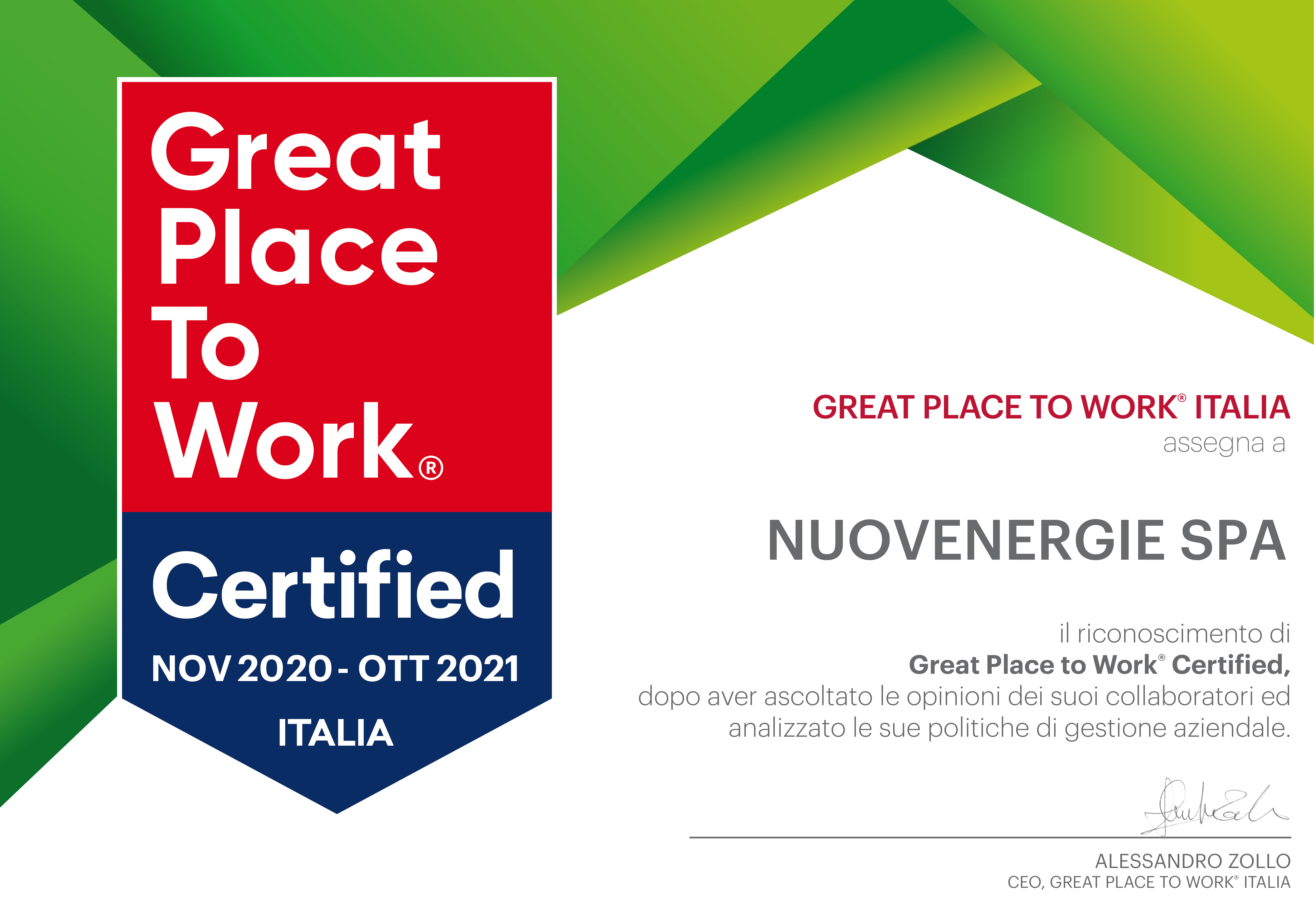 Certificazione Great Place to Work 2020 - 2021