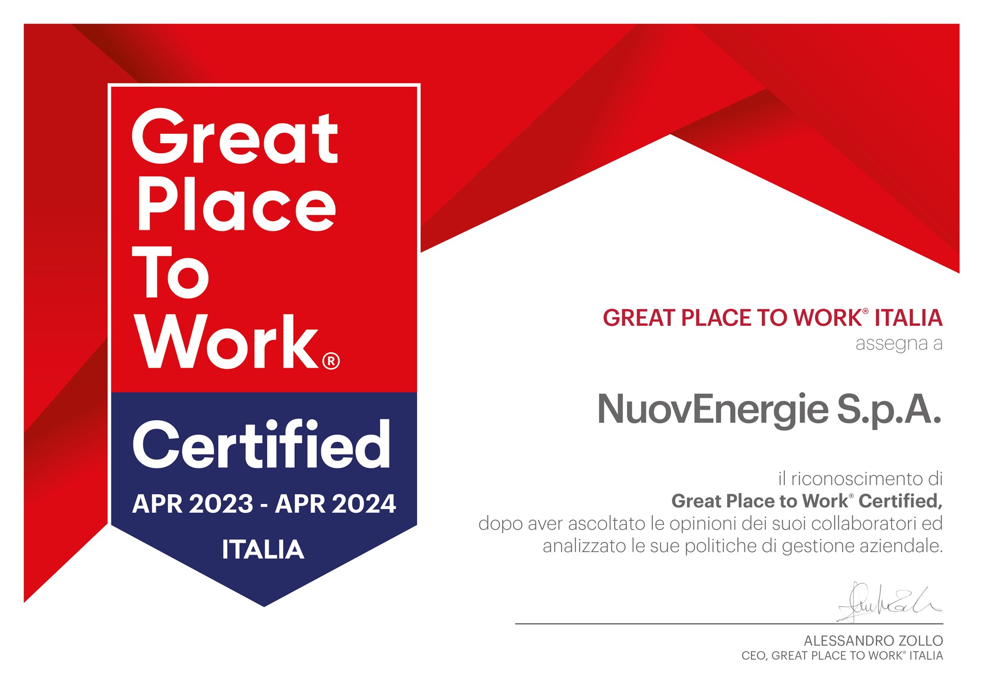 Certificazione Great Place To Work Nuovenergie 